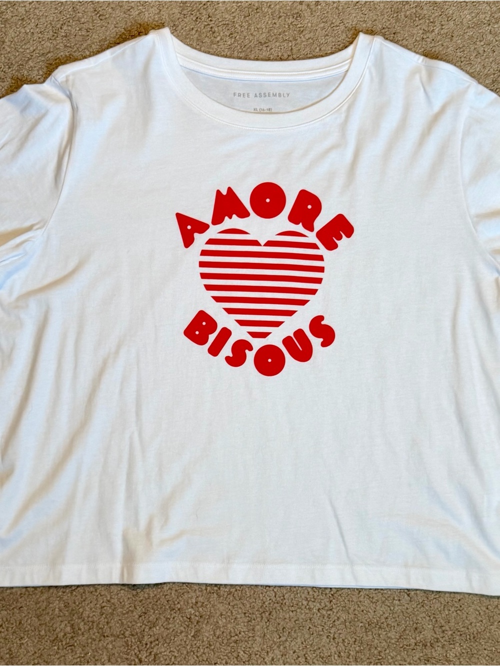Free Assembly White Crop Top with Red 'Amore Bisous' Heart Graphic